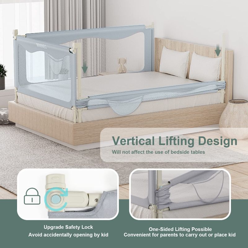 Photo 2 of MININEC Bed Rail for Toddlers Baby, Long Toddler Bedrail Guard for Kids Children, Strong Babies Bed Rail for Twin, Full Size, Queen & King Mattress with Reinforced Anchor Safety Darkgrey 78.7*27.5 in Darkgrey 78.7*27.5in Pack of 1