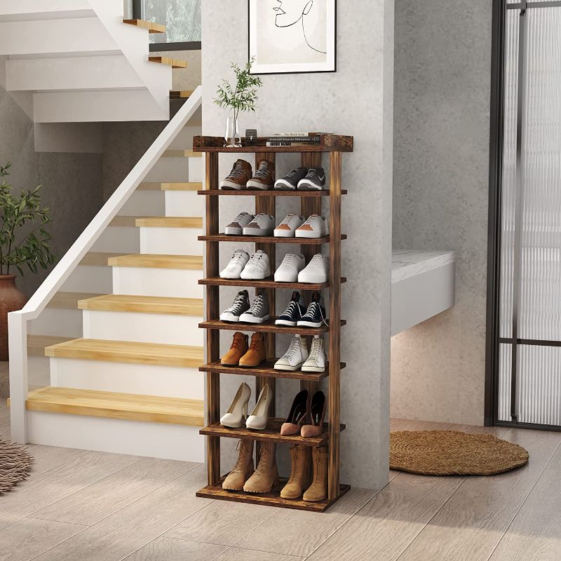 Photo 2 of HOMEFORT 7-Tier Wood Shoe Rack, Double Rows 7-Tier Shoe Shelf, Shoe Storage Stand, Entryway Shoe Tower, Vertical Shoe Organizer Perfect for Narrow Closet, Entryway, Hallway, Bedroom in Black Double Rows 7-Tier Rustic Brown