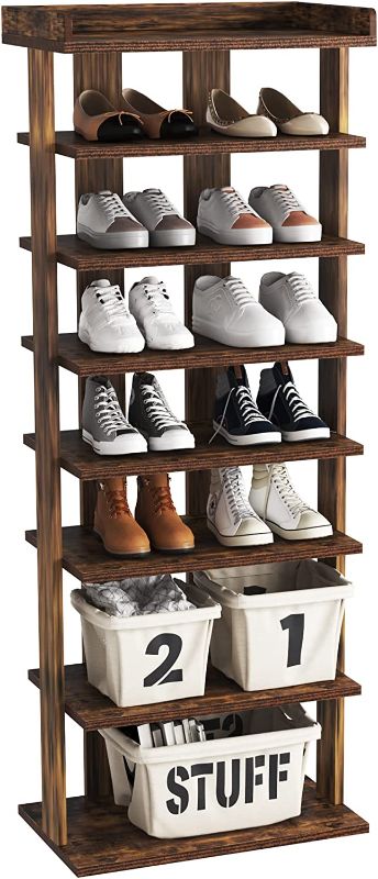 Photo 1 of HOMEFORT 7-Tier Wood Shoe Rack, Double Rows 7-Tier Shoe Shelf, Shoe Storage Stand, Entryway Shoe Tower, Vertical Shoe Organizer Perfect for Narrow Closet, Entryway, Hallway, Bedroom in Black Double Rows 7-Tier Rustic Brown