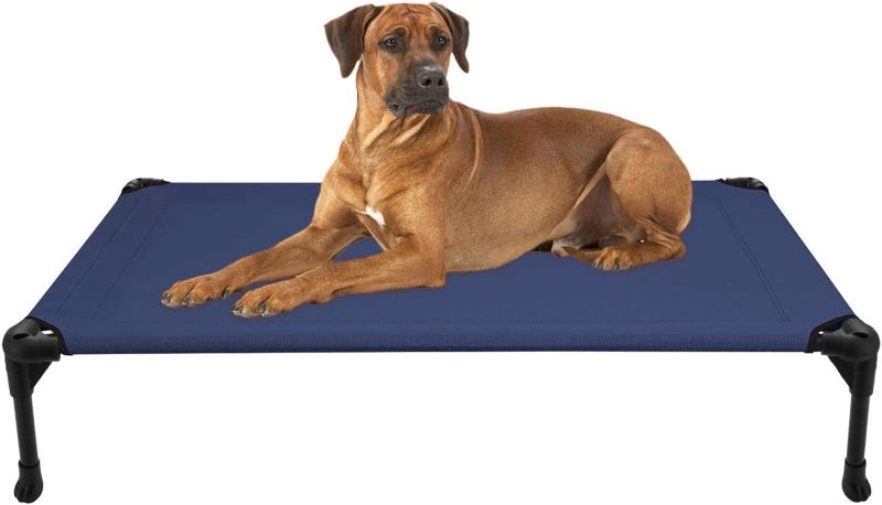 Photo 1 of Veehoo Cooling Elevated Dog Bed, Portable Raised Pet Cot with Washable & Breathable Mesh, No-Slip Rubber Feet for Indoor & Outdoor Use, Large, Blue
