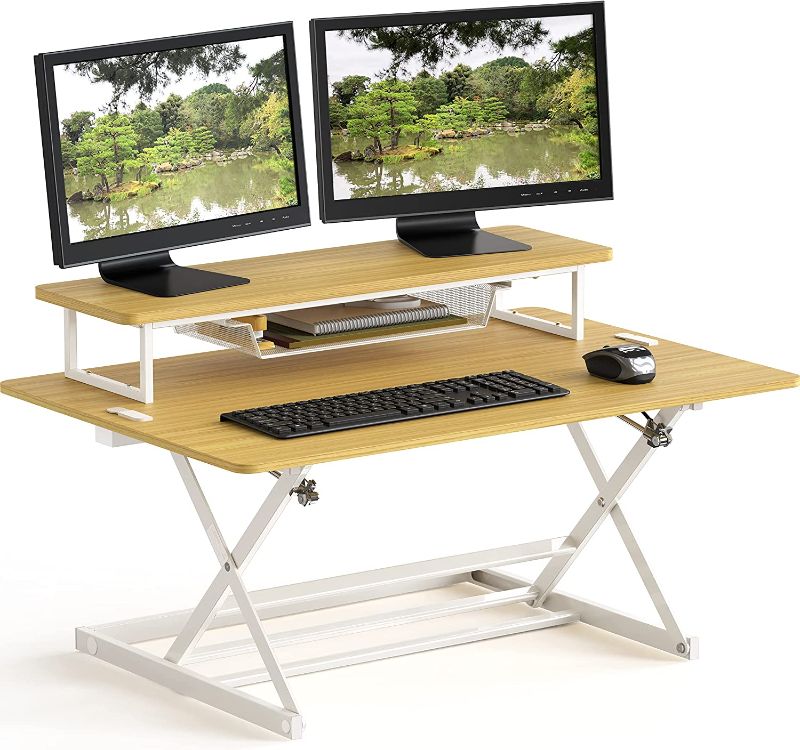 Photo 1 of SHW 36-Inch Over Desk Height Adjustable Standing Desk with Monitor Riser, Oak
