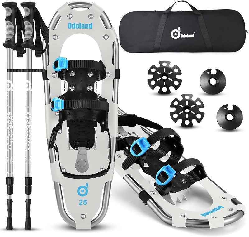 Photo 1 of Odoland 3-in-1 Snowshoes Set for Men Women Youth Kids with Trekking Poles, Carrying Tote Bag, Light Weight Aluminum Alloy Terrain Snow Shoes,21”/25”/30”
