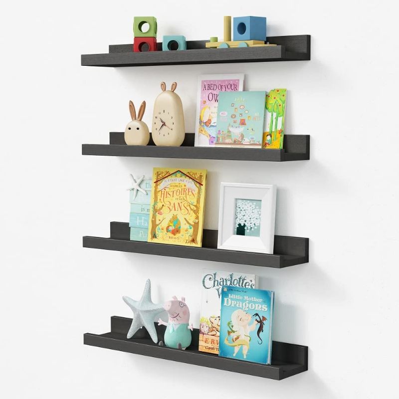 Photo 1 of Forbena Black Floating Shelves for Nursery Books Set of 4, 23 Inches Long Wood Photo Picture Ledge Shelf with Lip, Rustic Wall Shelf for Kids Bedroom Bathroom Living Room Office Frames (Black)
