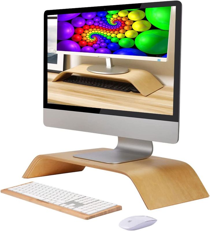 Photo 1 of SAMDI Natural Samll Modern Minimalism Birch Desk Wood Computer Monitor Stand Riser for Desk, Wooden Desktop Ergonomic Office Laptop Riser Stands for Monitors MacBook iMac PC Desk Shelf Riser, White
