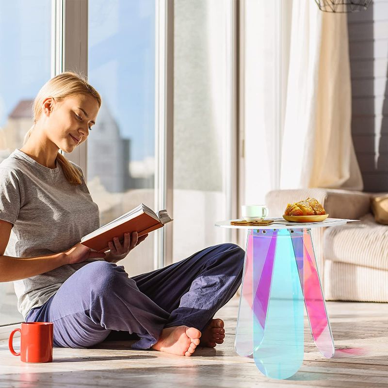 Photo 2 of Acrylic Round Clear Iridescent Side Table Rainbow Acrylic Coffee Table Rainbow Colors End Tables Modern Accent Night Stand Iridescent Table for Bistro Office (Iridescent Style, 17.8 x 17.8 x 4.3 Inch) Iridescent Style 17.8 x 17.8 x 4.3 Inch