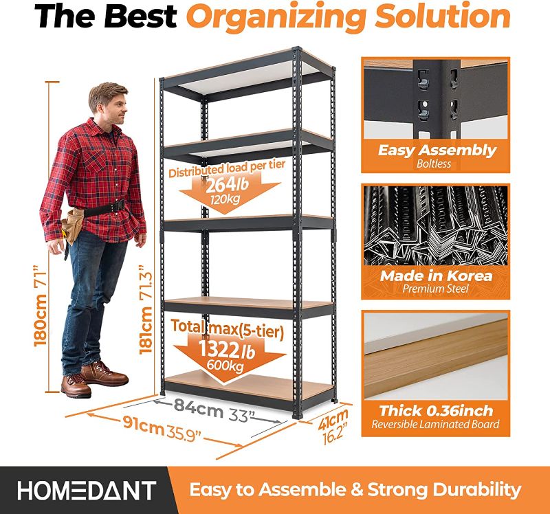 Photo 2 of HOMEDANT 5-tier Metal Shelving Unit Adjustable Garage Storage Utility Rack Heavy Duty Shelves Organization Multipurpose Shelf Warehouse Basement Kitchen Living Room 35.9"W x 16.2"D x 71.3"H, 1 Pack 1 Black