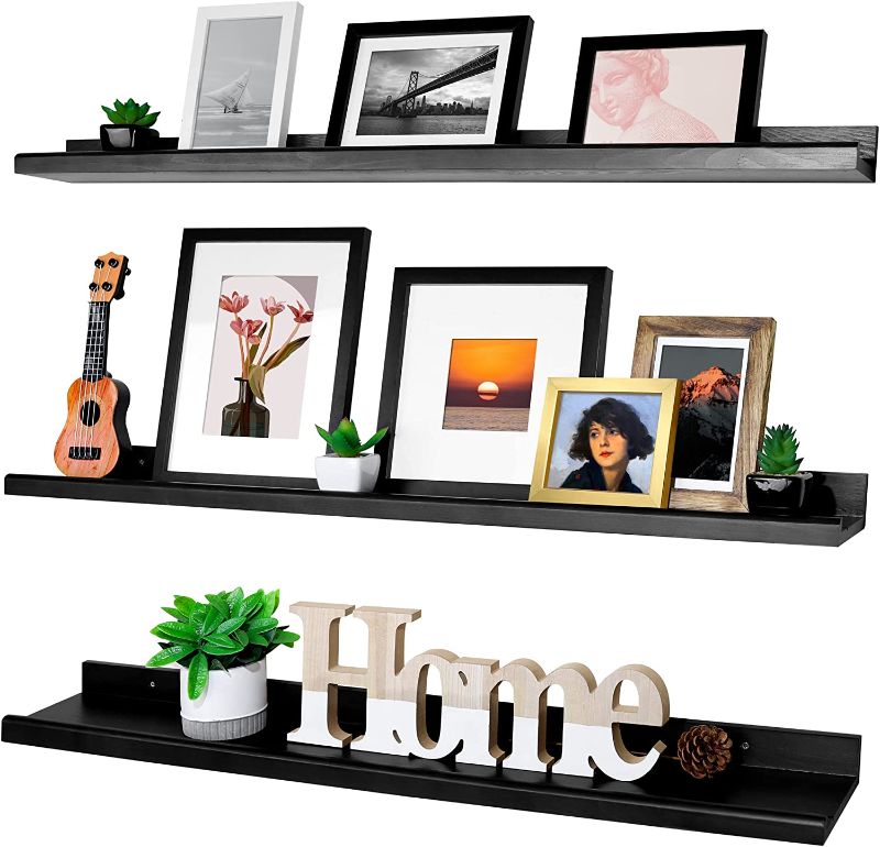 Photo 1 of Annecy Floating Shelves Wall Mounted Set of 3, 36 Inch Black Rustic Wood Shelves for Wall, Wall Storage Shelves with Guardrail Design for Bedroom, Bathroom, Kitchen, Office, 3 Different Sizes
