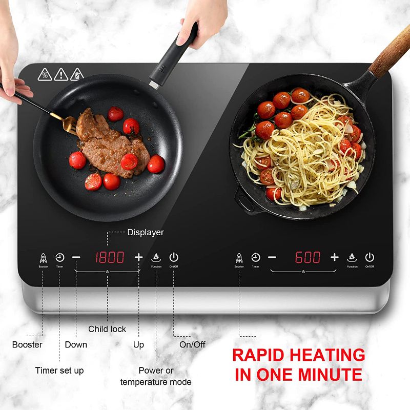 Photo 2 of COOKTRON Double Induction Cooktop Burner with Fast Warm-Up Mode, 1800w 2 Induction Burner with 10 Temperature 9 Power Settings, Portable Dual Induction Cooker Cooktop with Child Safety Lock & Time