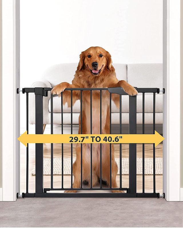 Photo 2 of Mom's Choice Awards Winner-Cumbor 29.5"-40.6" Width Pressure or Hardware Mounted Auto Close Safety Baby Gate, Durable Extra Wide Dog Gate for Stairs, Doorways, Easy Walk Thru Pet Gate for House 30.5" Tall Black