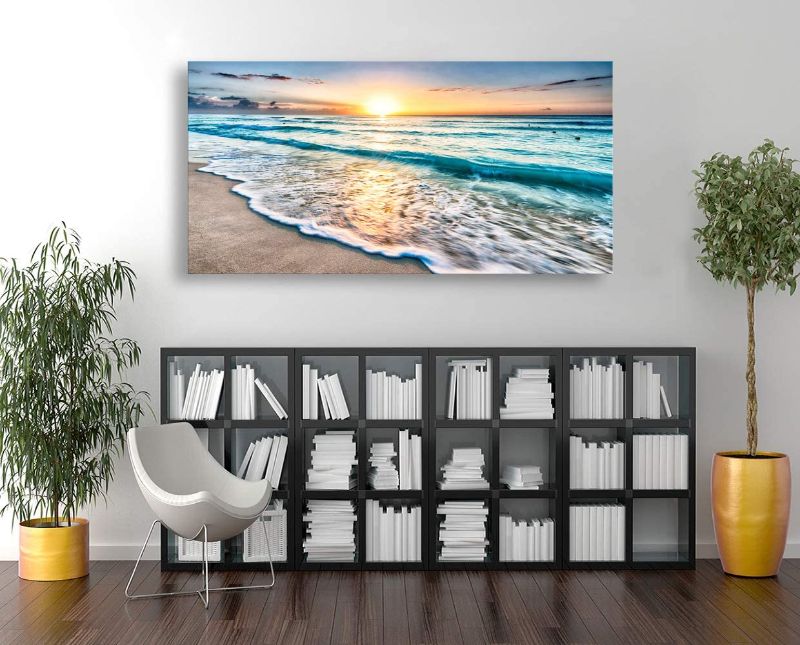 Photo 2 of S05474 Canvas Prints Wall Art Beach Sunset Ocean Waves Nature Pictures Stretched Pictures to Photo Paintings on Canvas for Home Office Decorations Wall Décor XXLarge 28x56inch