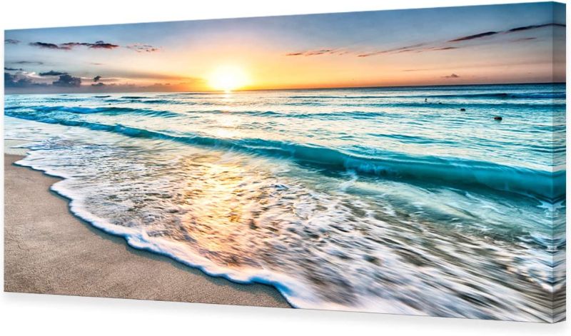 Photo 1 of S05474 Canvas Prints Wall Art Beach Sunset Ocean Waves Nature Pictures Stretched Pictures to Photo Paintings on Canvas for Home Office Decorations Wall Décor XXLarge 28x56inch