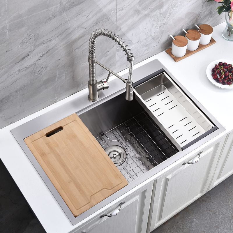 Photo 2 of Friho 33"x 22" Inch 18 Gauge Topmount Drop-in Single Bowl Basin Handmade SUS304 Stainless Steel Kitchen Sink,Brushed Nickel Kitchen Sinks With Dish Grid,Dish Drainer,Cutting Board and Basket Strainer
