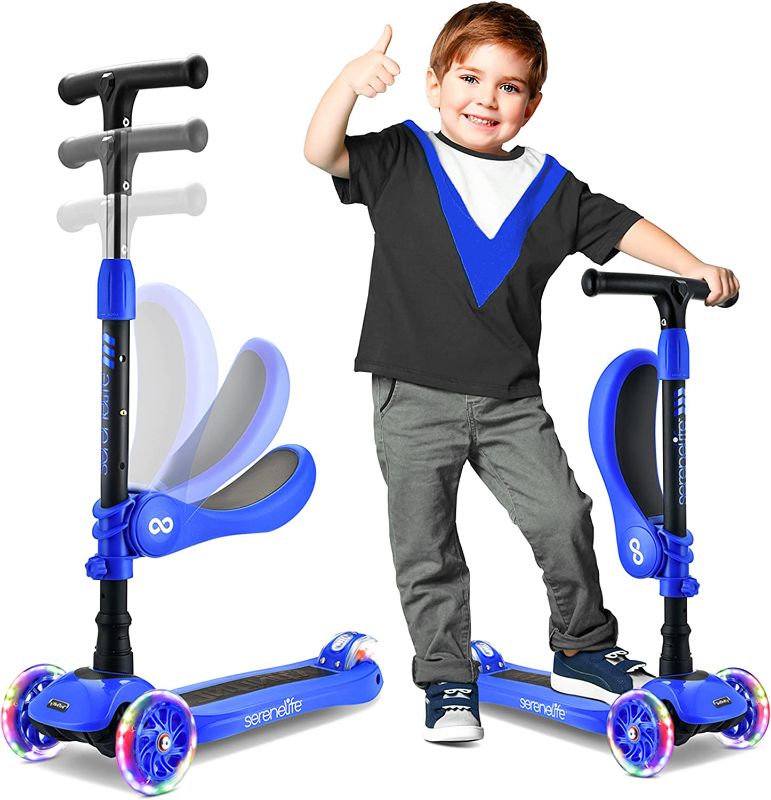 Photo 1 of 3 Wheeled Scooter for Kids - 2-in-1 Sit/Stand Child Toddlers Toy Kick Scooters w/Flip-Out Seat, Adjustable Height, Wide Deck, Flashing Wheel Lights, Great for Outdoor Fun
