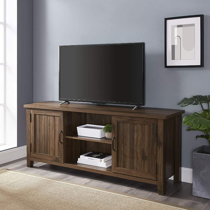 Photo 1 of Walker Edison Buren Classic Grooved Door TV Stand for TVs up to 65 Inches, 58 Inch, Walnut
