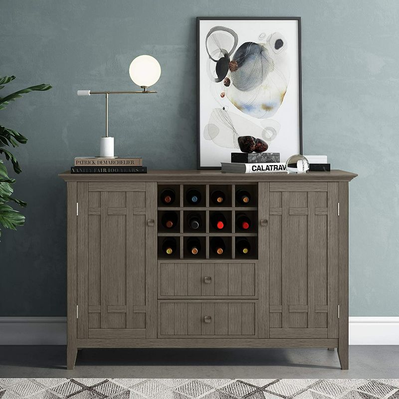 Photo 2 of SIMPLIHOME Bedford SOLID WOOD 54 inch Wide Transitional Sideboard Buffet and Winerack in Farmhouse Grey with Storage, 2 drawers and 2 shelves, for the Living Room, Transitional Farmhouse Grey 54 inch