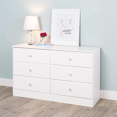 Photo 2 of Prepac Astrid 6 Drawer Double Dresser For Bedroom With Crystal Knobs, 16" D x 47.25" W x 28.25" H, White
