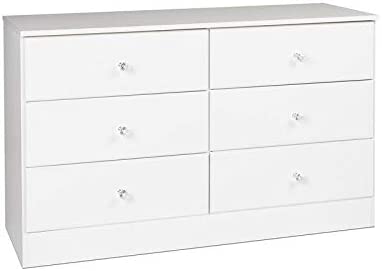 Photo 1 of Prepac Astrid 6 Drawer Double Dresser For Bedroom With Crystal Knobs, 16" D x 47.25" W x 28.25" H, White
