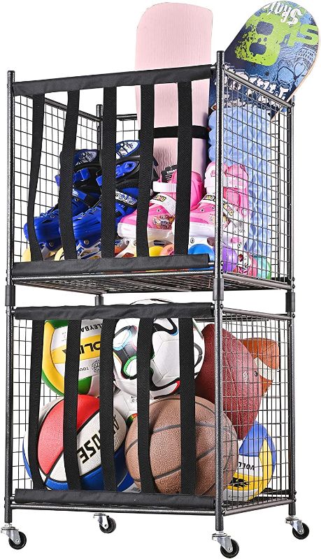 Photo 1 of Mythinglogic Rolling Sports Ball Storage Cart, Sports Lockable Ball Storage Locker with Elastic Straps, Stackable Ball Cage for Garage Storage Garage Organizer
