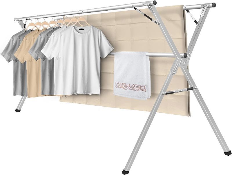 Photo 1 of Sillars Clothes Drying Rack, 79 inches Laundry Drying Rack Clothing Foldable & Collapsible Stainless Steel Heavy Duty Clothing Drying Rack with Windproof Hooks for Indoor Outdoor
