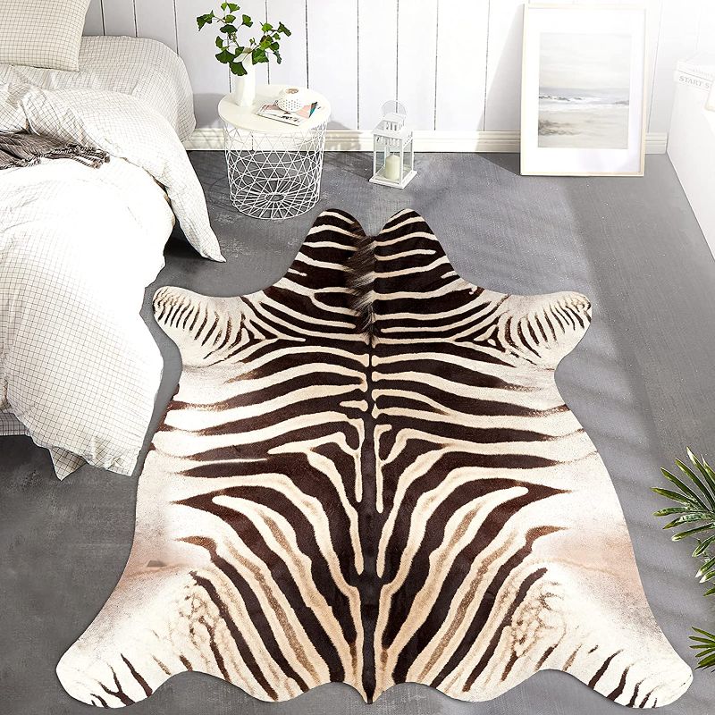 Photo 1 of jinchan Zebra Print Area Rug Faux Skin Cowhide Animal Design Mat Safari Rug Faux Suede Indoor Floorcover for Bedroom Living Room 6x7 Safari Design
