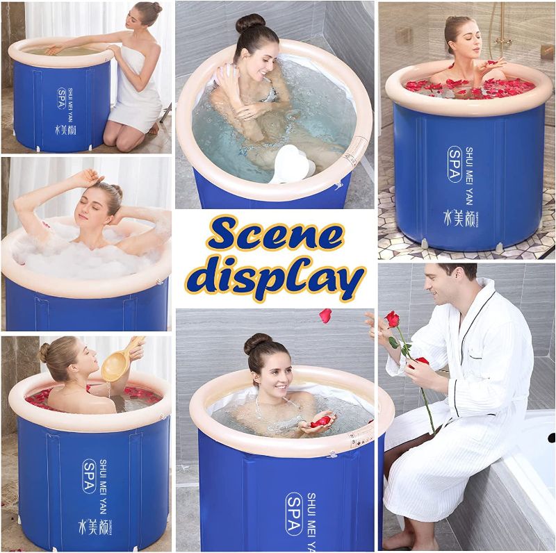 Photo 2 of Portable Bathtub Foldable,Soaking Bath Tub with Freestanding Shower Stall,Eco-friendly Adult Bathroom Foldable Tub for Small Space Hot Bath Ice Bath Spa Tub 1(29.5'' x 29.5'',Dark Blue)
