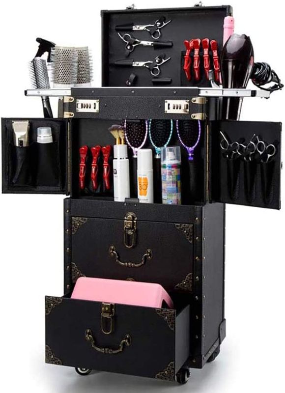 Photo 1 of ASCASE Rolling Lockable Makeup Train Case Hairdressing Trolley Stylist Beauty Salon Cosmetic Luggage Travel Organizer Tool Box with Hair Dryer Holder
