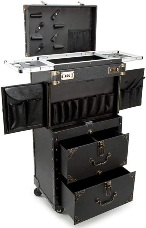 Photo 1 of ASCASE Rolling Lockable Makeup Train Case Hairdressing Trolley Stylist Beauty Salon Cosmetic Luggage Travel Organizer Tool Box with Hair Dryer Holder

