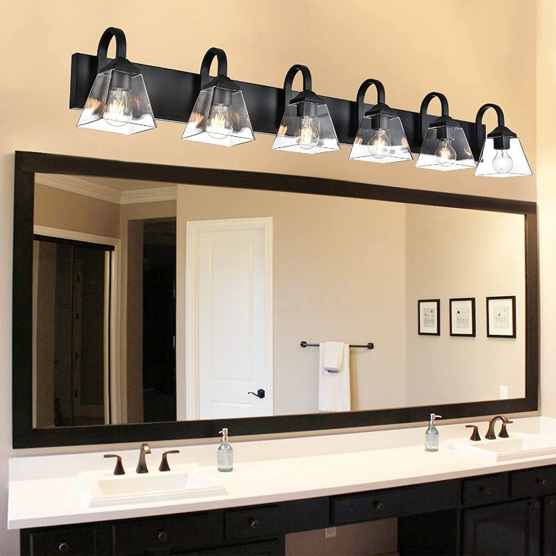 Photo 2 of TULUCE 6-Light Vanity Light, 44.5 Inch Bathroom Light Fixtures Vanity Lights Wall Sconce, Farmhouse Black Finish with Clear Glass Shade Wall Lights for Bathroom, Vanity Table, Living Room
