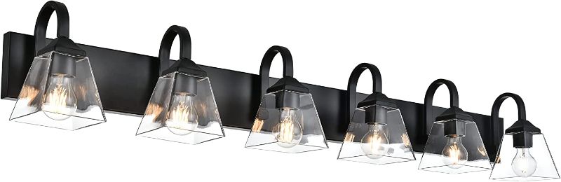 Photo 1 of TULUCE 6-Light Vanity Light, 44.5 Inch Bathroom Light Fixtures Vanity Lights Wall Sconce, Farmhouse Black Finish with Clear Glass Shade Wall Lights for Bathroom, Vanity Table, Living Room
