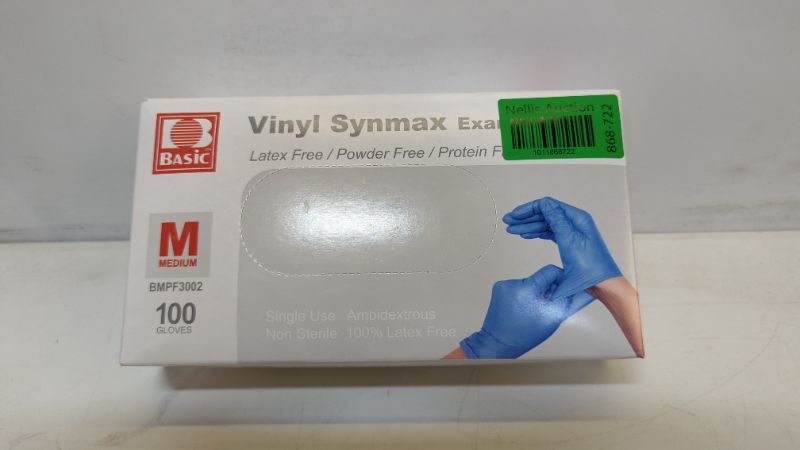 Photo 2 of Synthetic Vinyl Exam Gloves - Latex-Free & Powder-Free - Medium, BMPF-3002(Box of 100) Blue