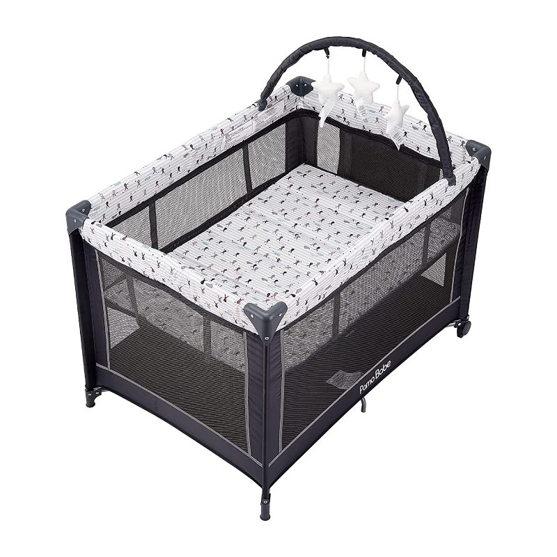 Photo 2 of Pamo Babe Portable Playard,Sturdy Play Yard with Mattress and Toy bar with Soft Toys (Grey)
