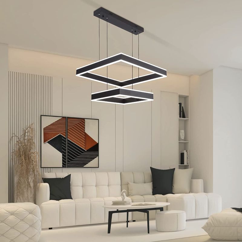 Photo 2 of Modern Chandelier,Modern Led Chandelier,2 Rings Square Chandelier for Living Room,Adjustable Height,Chandelier Lighting Fixture High Ceiling Hanging Dining Room LED Pendant Light
