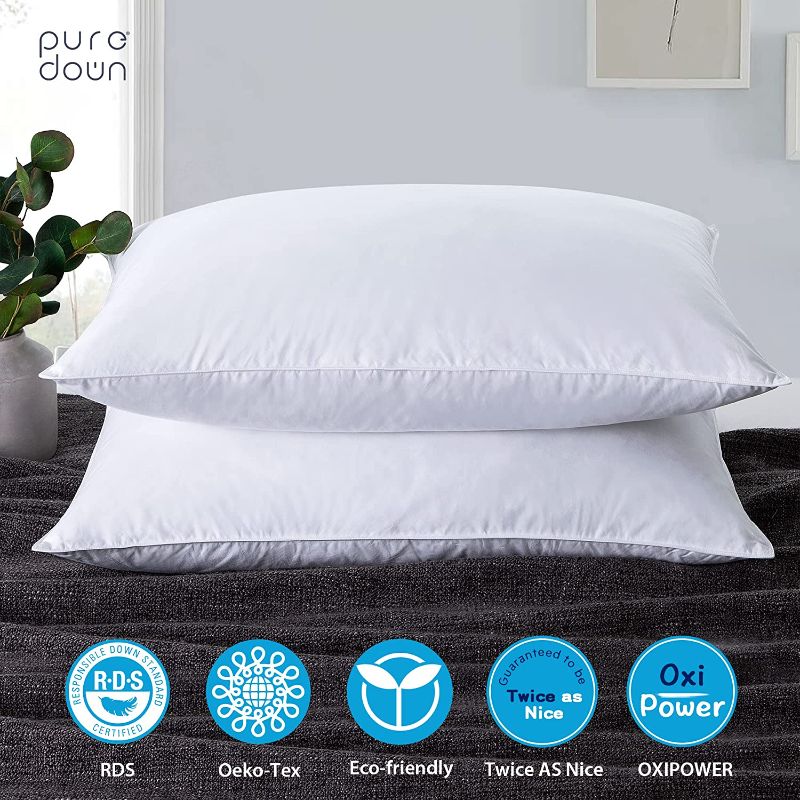 Photo 2 of puredown® Goose Feather Down Blend Soft and Flat Pillow for Sleeping Cotton Cover, Queen Size, Set of 2

