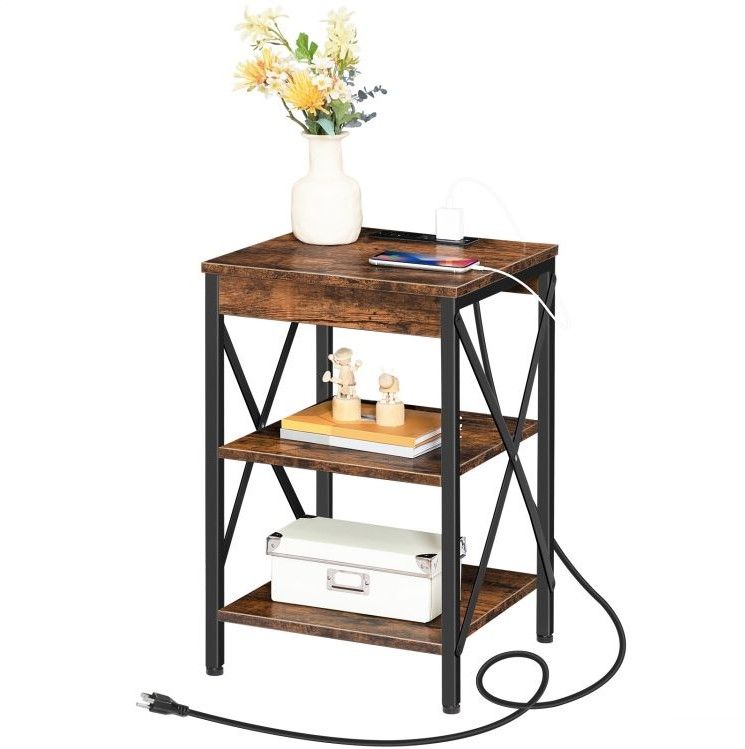Photo 2 of HOOBRO End Table with Charging Station, USB Ports & Power Outlets, Nightstand for Small Spaces, Stable and Sturdy, for Living Room, Bedroom, Rustic Brown