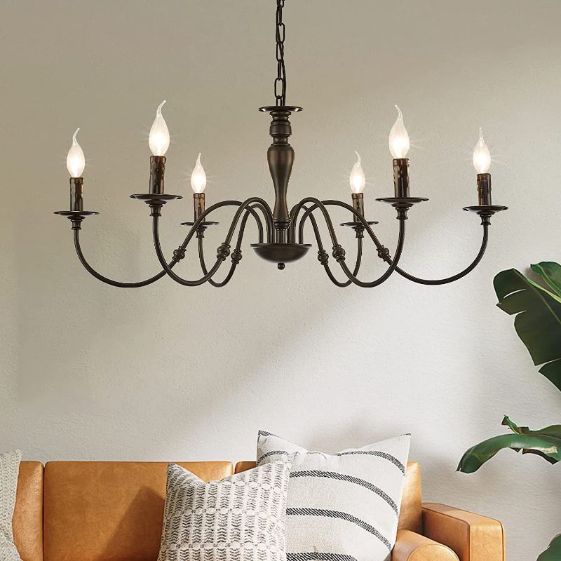 Photo 2 of Black Farmhouse Chandelier,6-Light Rustic Industrial Iron Chandeliers,Modern Metal Candle Chandelier Lighting,Ceiling Hanging Pendant Light Fixtures for Living Room, Dining Room,Bedroom,Kitchen Island
