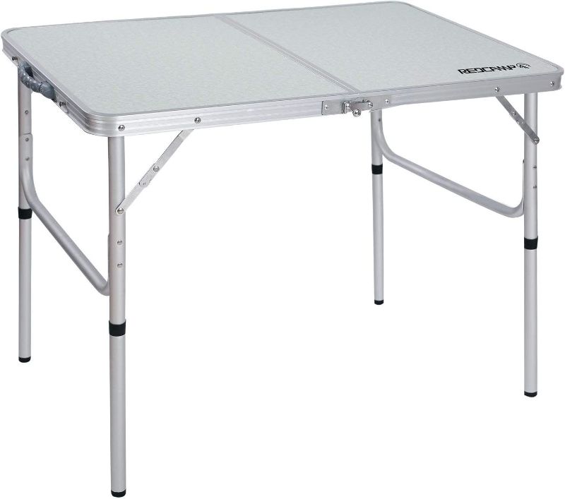 Photo 1 of REDCAMP Aluminum Camping Table 3 Foot, Portable Folding Table Adjustable Height Lightweight for Picnic Beach Outdoor Indoor, White 36 x 24 inch

