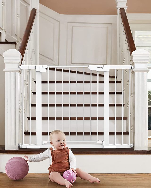Photo 1 of Mom's Choice Awards Winner-Cumbor 29.5-46" Auto Close Baby Gate for Stairs, Easy Install Pressure/Hardware Mounted Dog Gates for The House Indoor, Easy Walk Thru Wide Safety Pet Gates for Dogs, White
