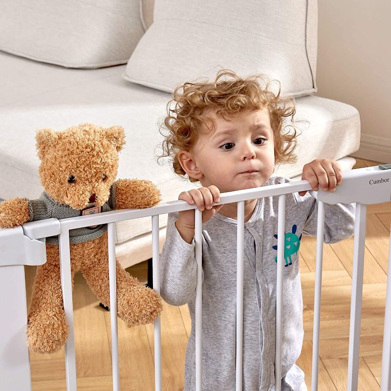 Photo 2 of Mom's Choice Awards Winner-Cumbor 29.5-46" Auto Close Baby Gate for Stairs, Easy Install Pressure/Hardware Mounted Dog Gates for The House Indoor, Easy Walk Thru Wide Safety Pet Gates for Dogs, White
