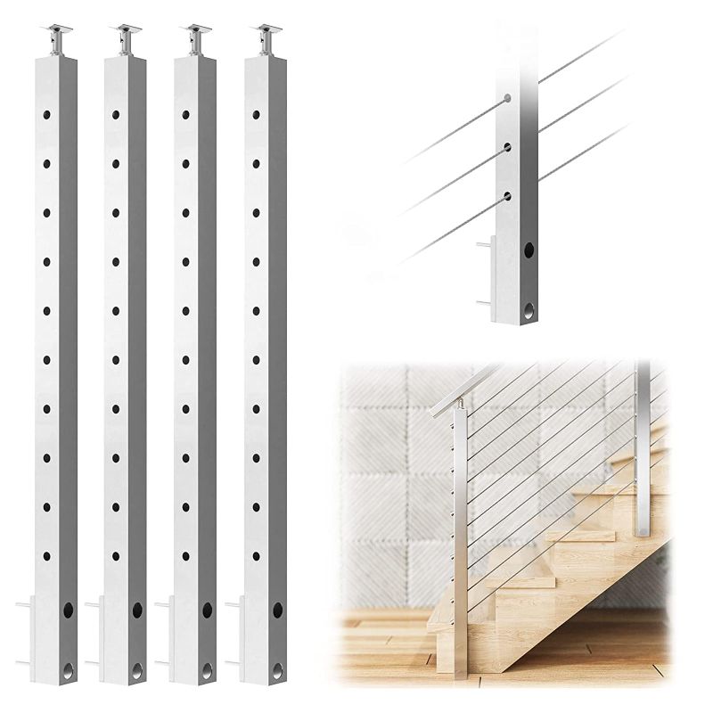 Photo 1 of Muzata 4pack Cable Railing Post Side Mounted 30 Degree Angle Stairs Right-Side Upstairs Square Brushed 36''x2''x2'' Pre-Drilled Wood Concrete Deck Balustrade PF01 LA4S, PT1 PT2 PT5
