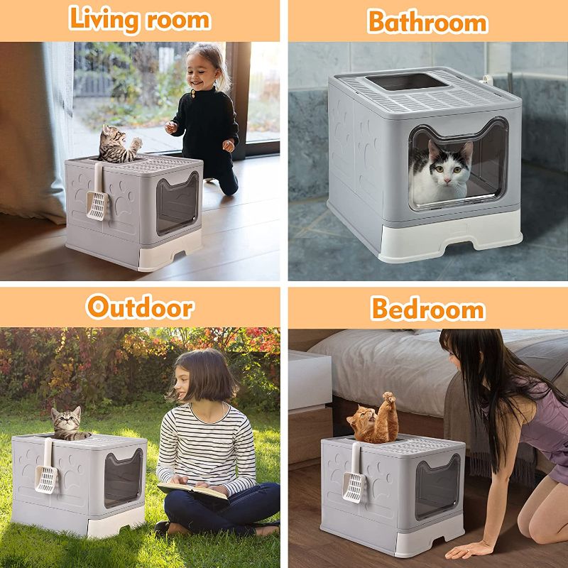 Photo 2 of Homagico Foldable Cat Litter Box with Lid, Extra Large Covered Litter Box with Cat Litter Scoop, Drawer Type Enclosed Kitty Litter Box, Anti-Splashing Cat Litter Toilet Easy Cleaning and Scoop (Grey)