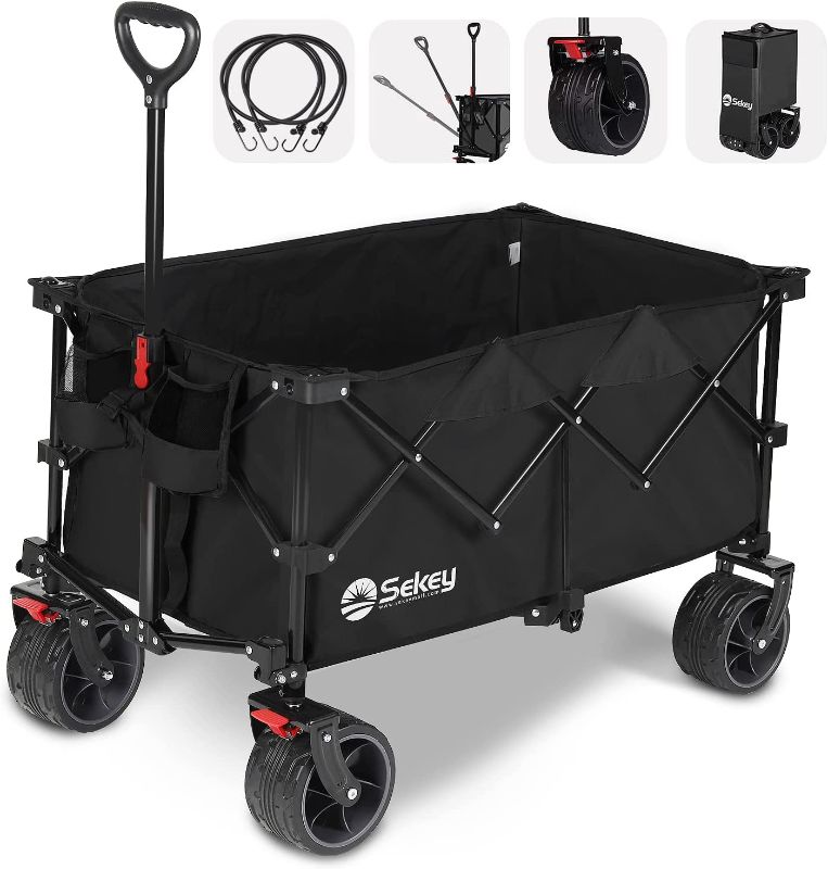 Photo 1 of Sekey Collapsible Foldable Wagon with 220lbs Weight Capacity, Heavy Duty Folding Utility Garden Cart with Big All-Terrain Beach Wheels & Drink Holders. Black
