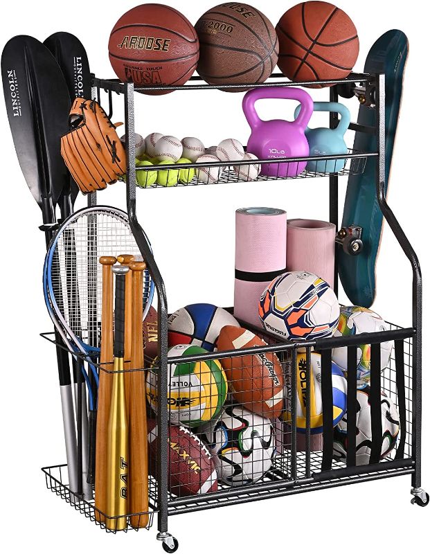 Photo 1 of Mythinglogic Garage Storage System, Garage Organizer with Baskets and Hooks, Sports Equipment Organizer for Sports Gear/Toys,Garage Ball Storage for Indoor/Outdoor Use
