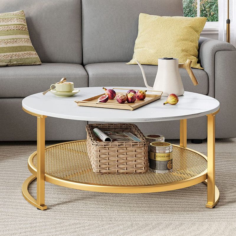 Photo 2 of LINSY HOME Round Coffee Table for Living Room, Modern Coffee Table with Open Storage?Wood Surface Top & Sturdy Metal Legs Large Circle Coffee Table for Stylish Design Home?White and Gold
