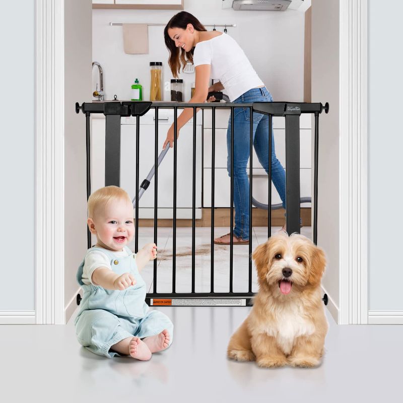 Photo 2 of KBYTDREAM 29.5 to 37.8 "Extra Wide Walk Through Pet Gate,Auto Close Safety Baby Gate, Metal Durability Dog Gate for House, Stairs, Doorways,Includes 2 Extension Kit,Black
