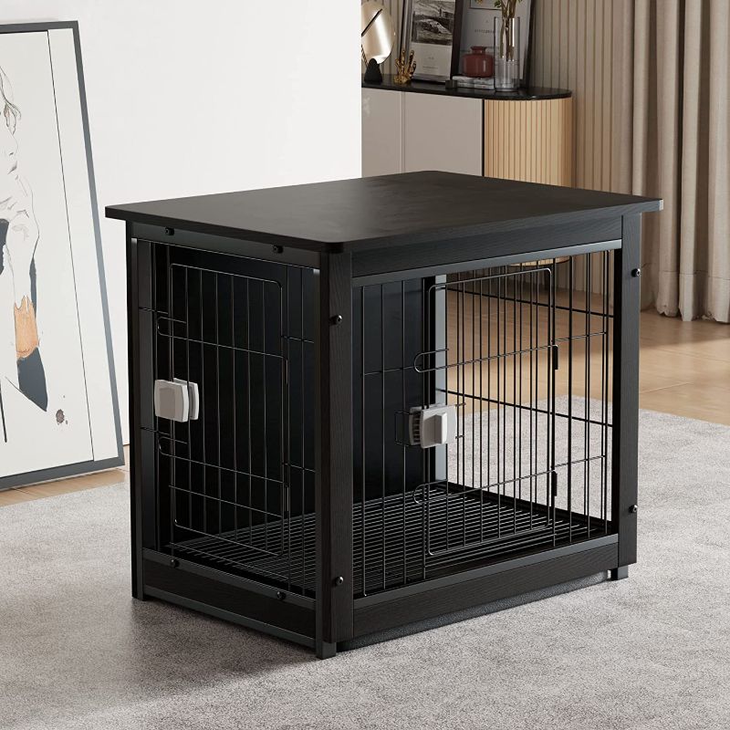 Photo 2 of Aivermeil Furniture Dog Crate 27" with Double Doors ( Upgrade Fixed ) , Wooden Dog Crate Side Table , Dog Kennel for Small/Medium/Large Breed Dogs Walnut Black Medium 25.1"*20"*23.6" Walnut Black