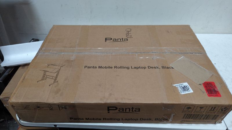 Photo 1 of Panta Height Adjustable Rolling Laptop Stand, Overbed Table with 2 Tilting Desktops, Mobile Laptop Table for Couch with Cup Holder, Mobile Computer Workstation for Office, Hospital & Home Black