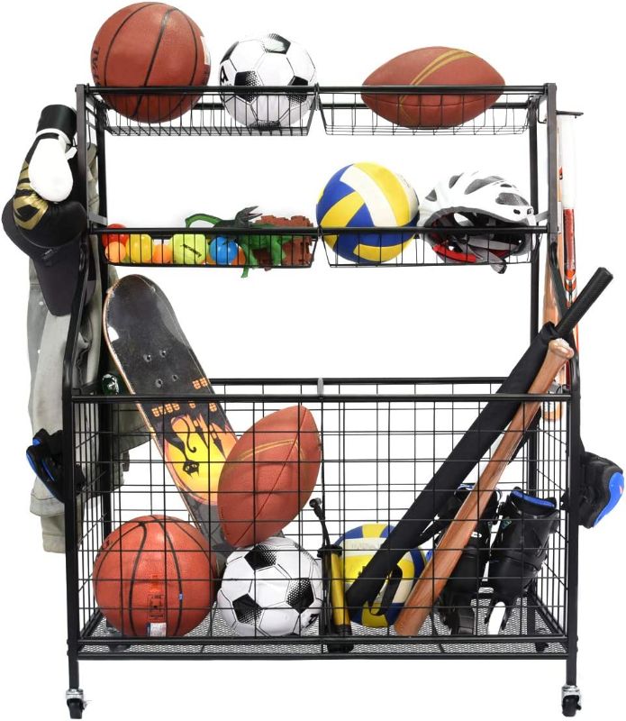 Photo 1 of Garage Sports Equipment Organizer, Ball Storage Rack, Garage Ball Storage, Sports Gear Storage, Garage Organizer with Baskets and Hooks, Rolling Sports Ball Storage Cart, Black, Steel
