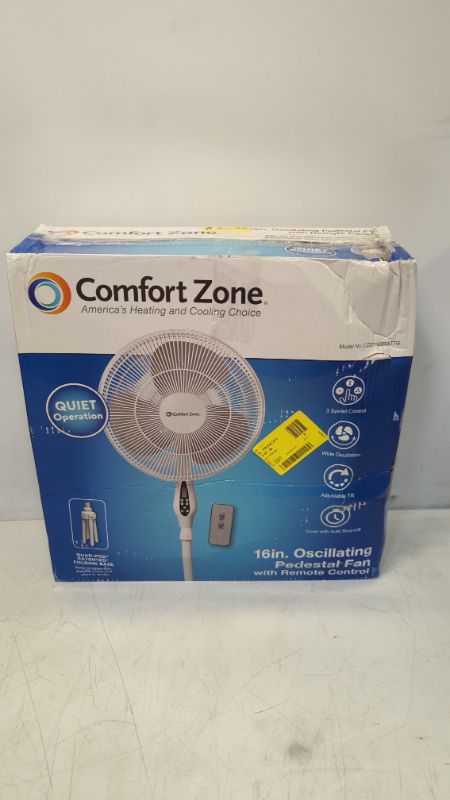 Photo 2 of Comfort Zone CZST161BTE 16” Oscillating Pedestal Fan, 3-speed Options, 90-Degree Oscillating Head, Adjustable Height and Tilt, Powerful Air Flow, White
