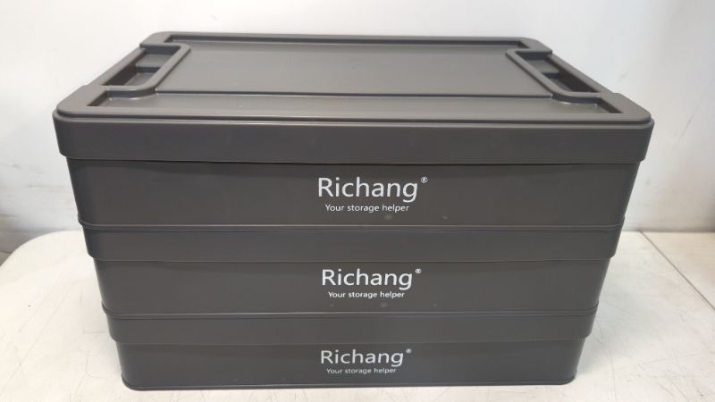 Photo 3 of Richang 3-Pack 38L Lidded Collapsible Storage Bins Plastic Folding Stackable Utility Crates foldable storage container storage box, Charcoal and black
