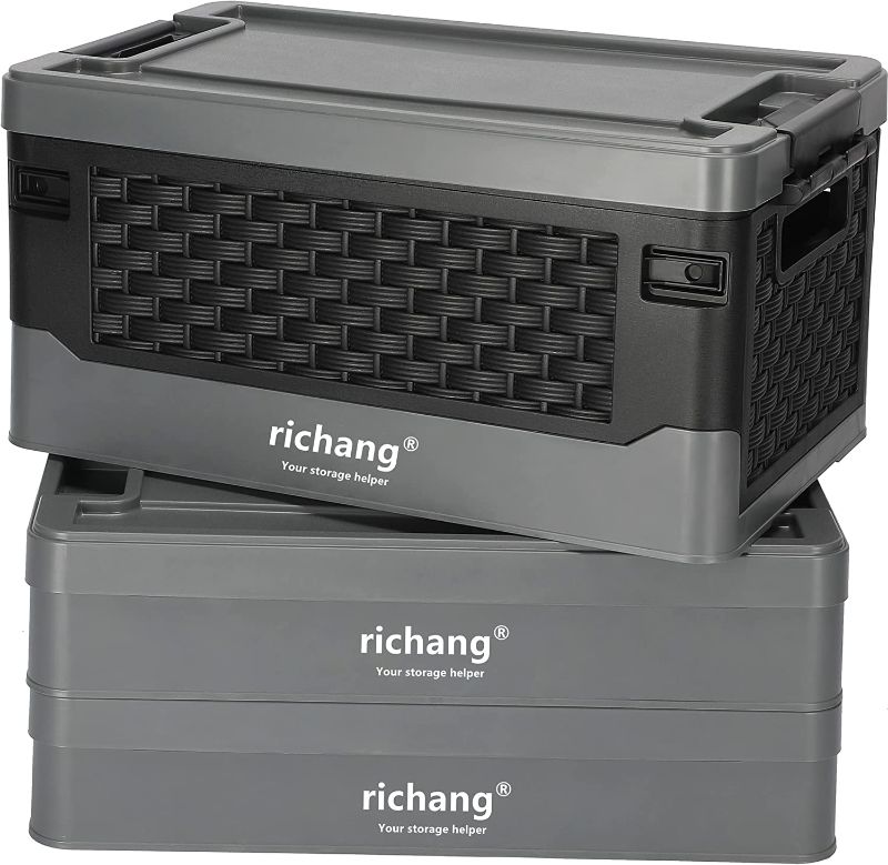 Photo 1 of Richang 3-Pack 38L Lidded Collapsible Storage Bins Plastic Folding Stackable Utility Crates foldable storage container storage box, Charcoal and black
